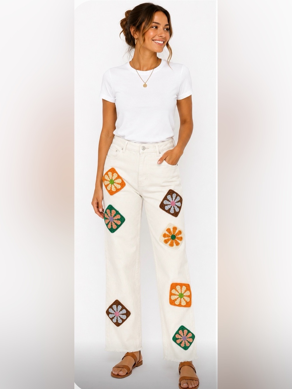 Women’s BOHO White Embroidered Patchwork Jeans - Floral Squares size small